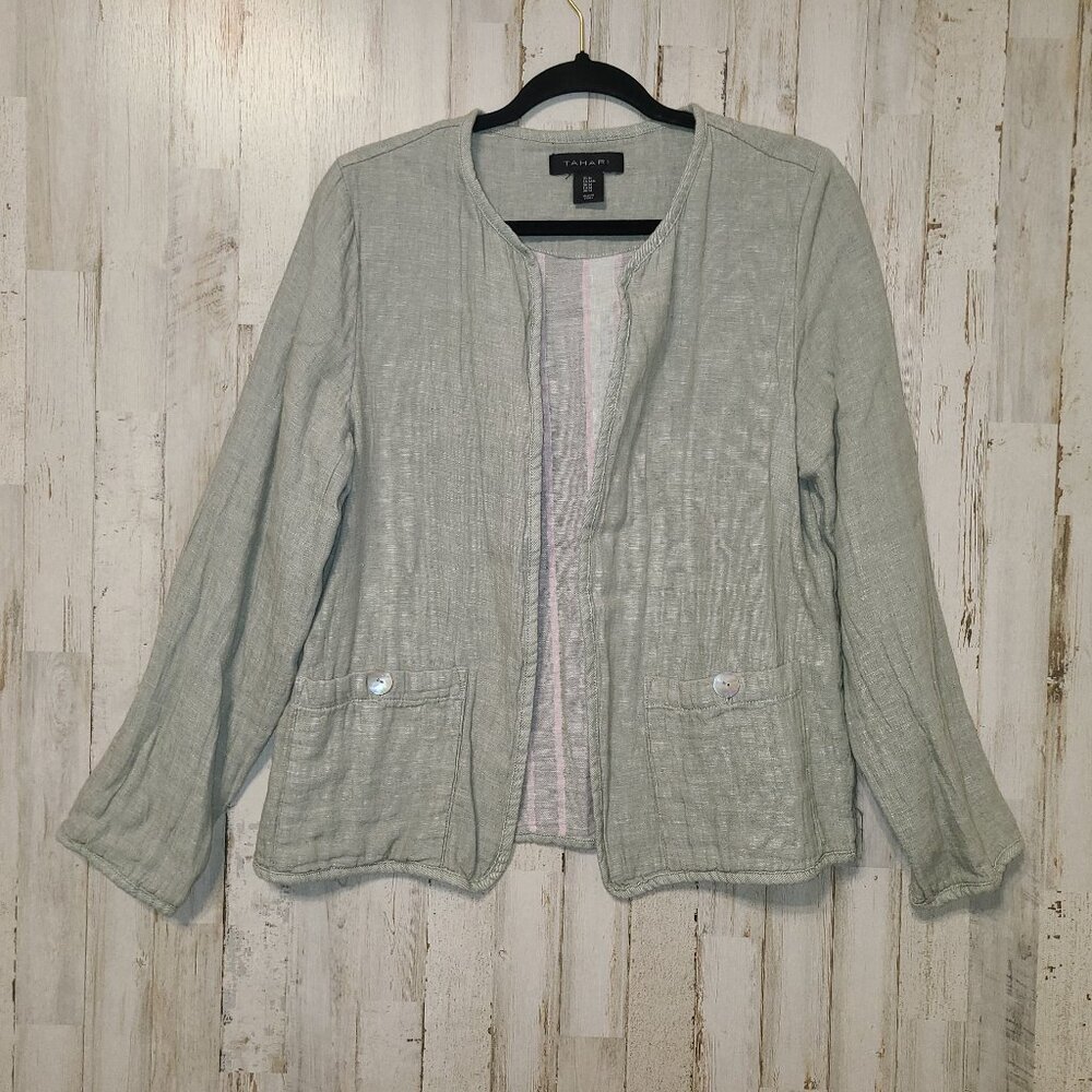 Tahari women M Open Minimalist Jacket Double-layer Linen Blend Long sleeve